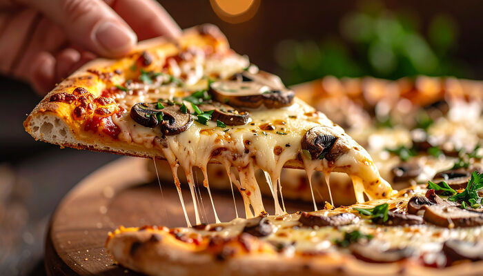 Mushroom pizza slice close up