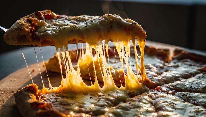 Steaming hot pizza slice being lifted from the pie
