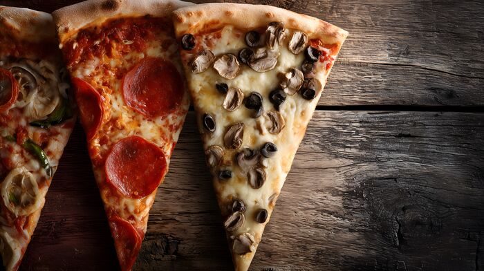 Three different pizza slices side by side